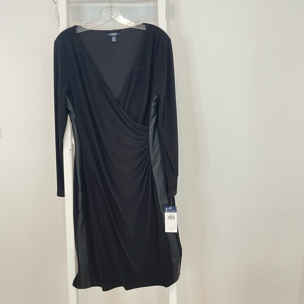Chaps Black Dress with Faux Leather/Long Sleeves Size Large (NWT)